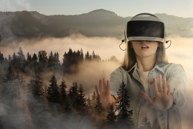Image of Woman using virtual reality headset, double exposure with mountain landscape