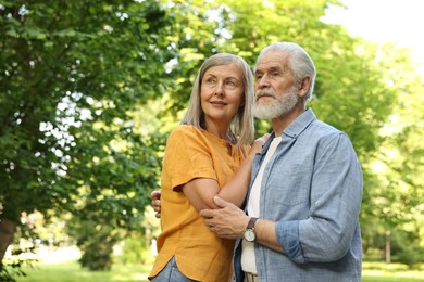Photo of Lovely senior couple walking together in park, space for text
