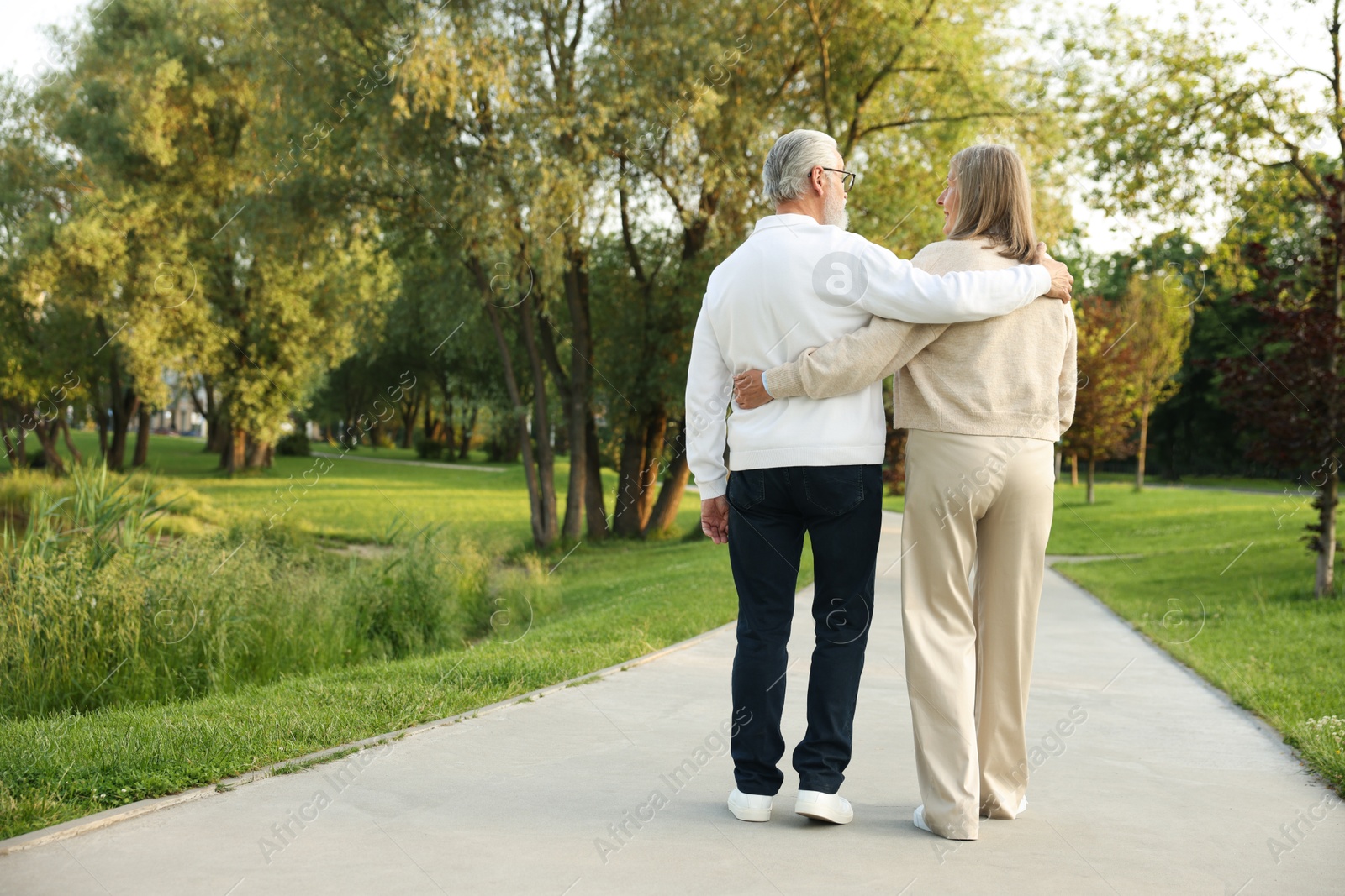 Photo of Lovely senior couple walking together in park, back view. Space for text