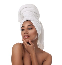 Photo of Portrait of beautiful Brazilian woman after spa treatment on white background