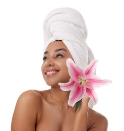 Photo of Portrait of beautiful Brazilian woman with lily flower after spa treatment on white background