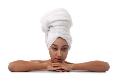 Photo of Portrait of beautiful Brazilian woman after spa treatment on white background