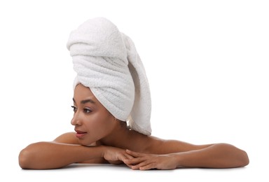 Photo of Portrait of beautiful Brazilian woman after spa treatment on white background