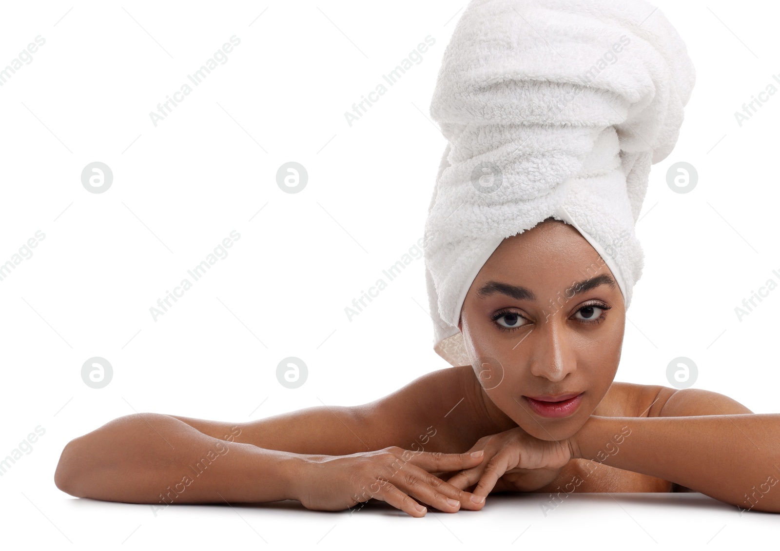 Portrait of beautiful Brazilian woman after spa treatment on white background Photo of Portrait of beautiful Brazilian woman after spa treatment on white background