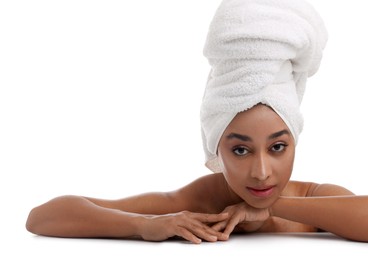 Photo of Portrait of beautiful Brazilian woman after spa treatment on white background