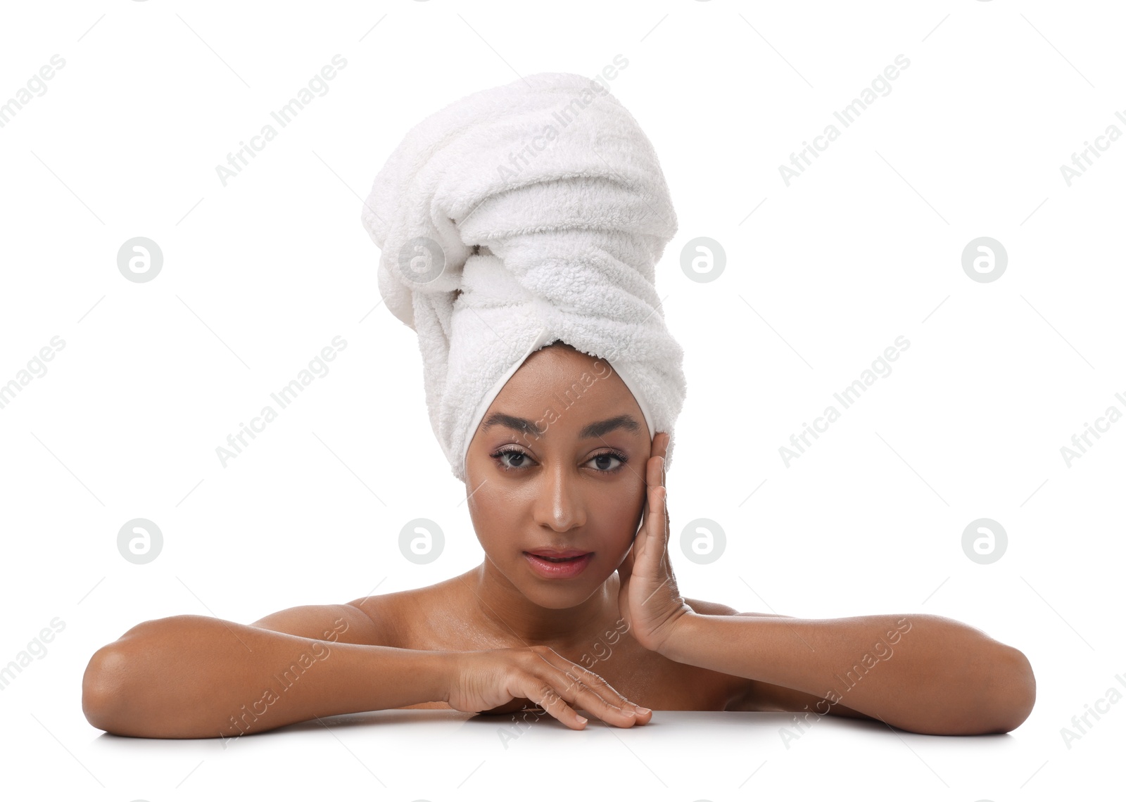 Portrait of beautiful Brazilian woman after spa treatment on white background Photo of Portrait of beautiful Brazilian woman after spa treatment on white background