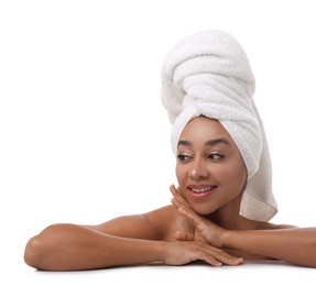 Photo of Portrait of beautiful Brazilian woman after spa treatment on white background