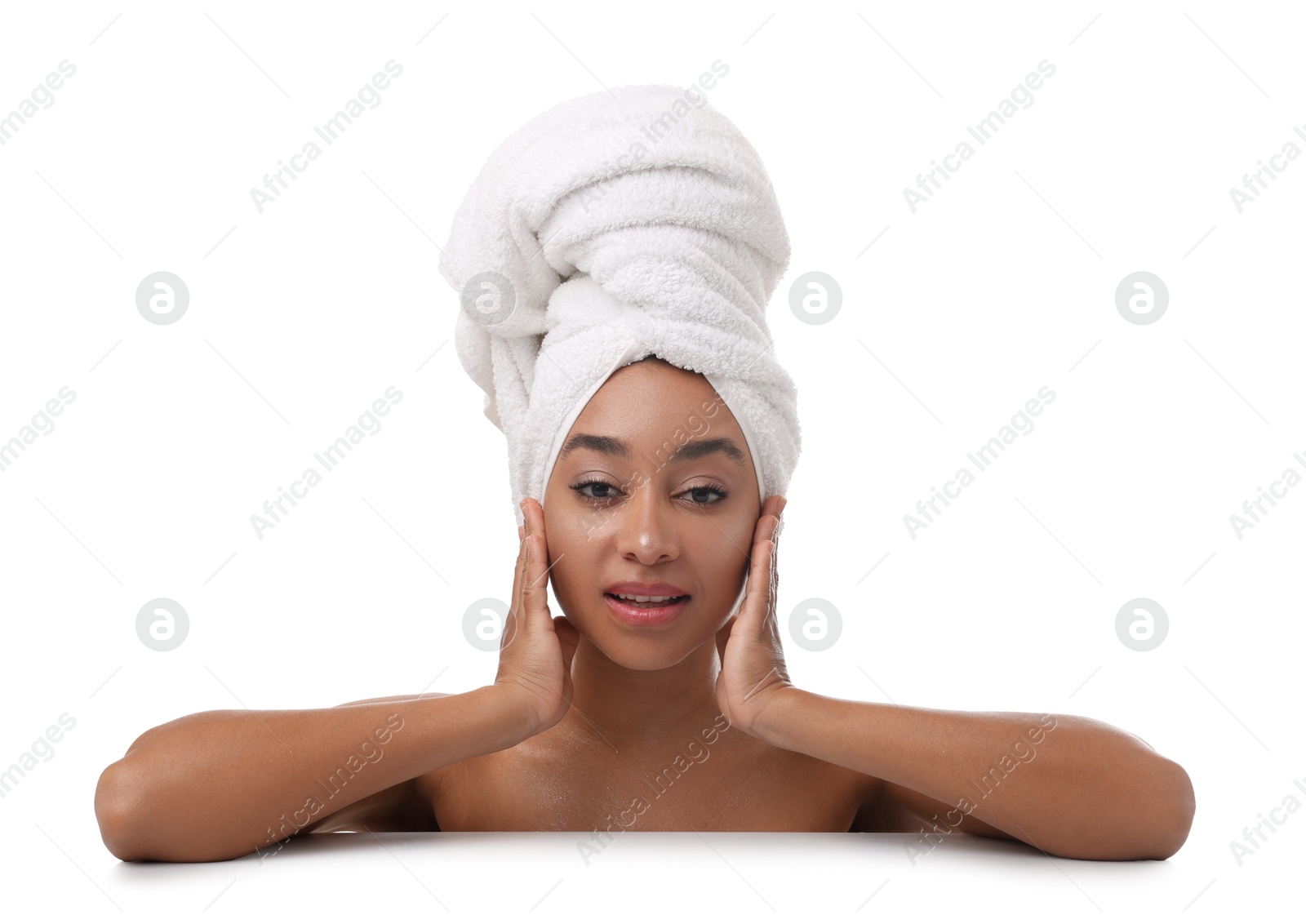 Photo of Portrait of beautiful Brazilian woman after spa treatment on white background