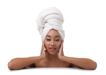 Photo of Portrait of beautiful Brazilian woman after spa treatment on white background