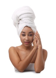 Photo of Portrait of beautiful Brazilian woman after spa treatment on white background