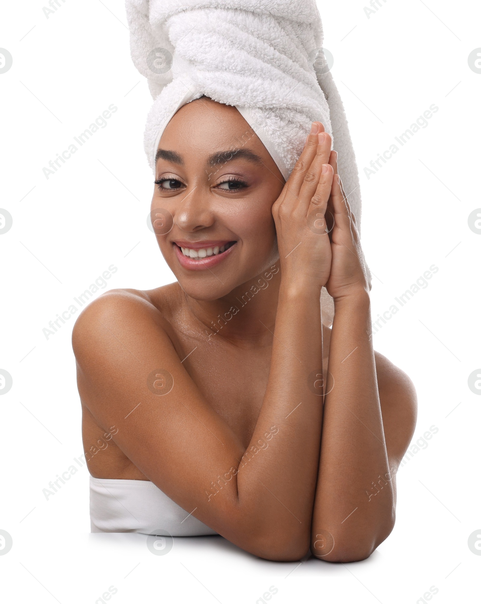 Portrait of beautiful Brazilian woman after spa treatment on white background Photo of Portrait of beautiful Brazilian woman after spa treatment on white background