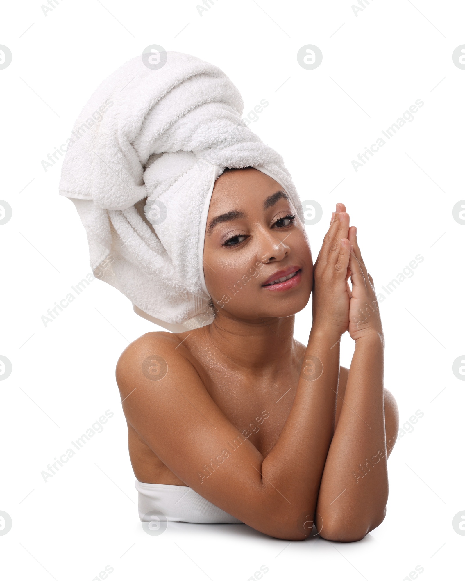Portrait of beautiful Brazilian woman after spa treatment on white background Photo of Portrait of beautiful Brazilian woman after spa treatment on white background