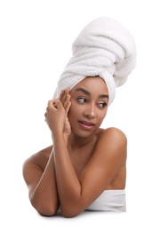 Photo of Portrait of beautiful Brazilian woman after spa treatment on white background