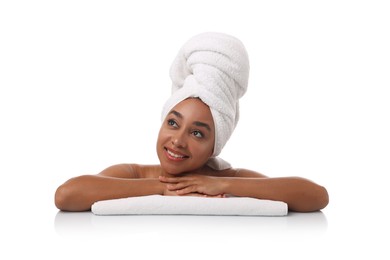 Photo of Portrait of beautiful Brazilian woman after spa treatment on white background