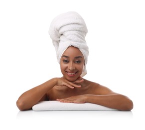 Photo of Portrait of beautiful Brazilian woman after spa treatment on white background