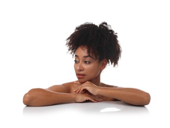 Photo of Portrait of beautiful Brazilian woman after spa treatment on white background
