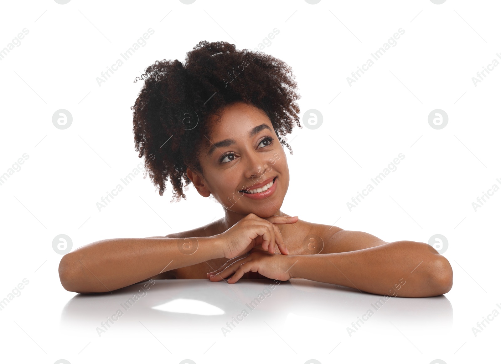 Photo of Portrait of beautiful Brazilian woman after spa treatment on white background