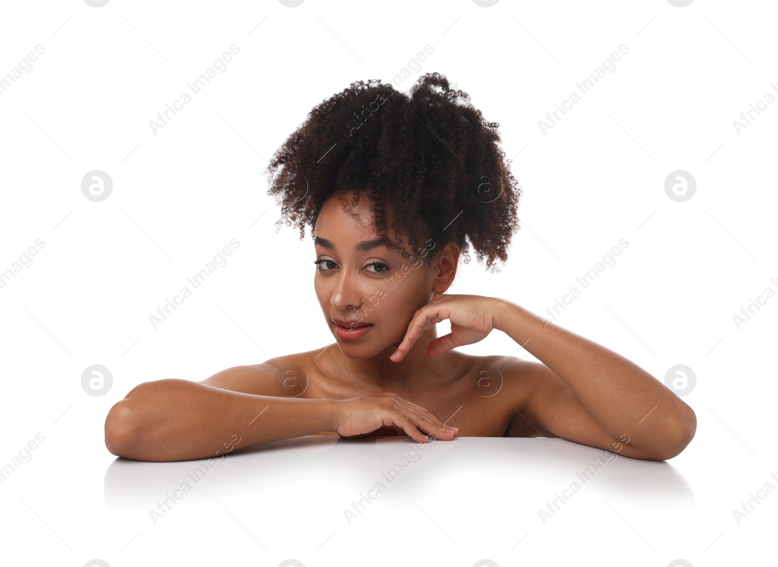 Photo of Portrait of beautiful Brazilian woman after spa treatment on white background