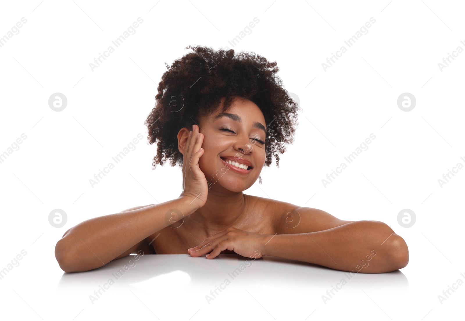 Photo of Portrait of beautiful Brazilian woman after spa treatment on white background