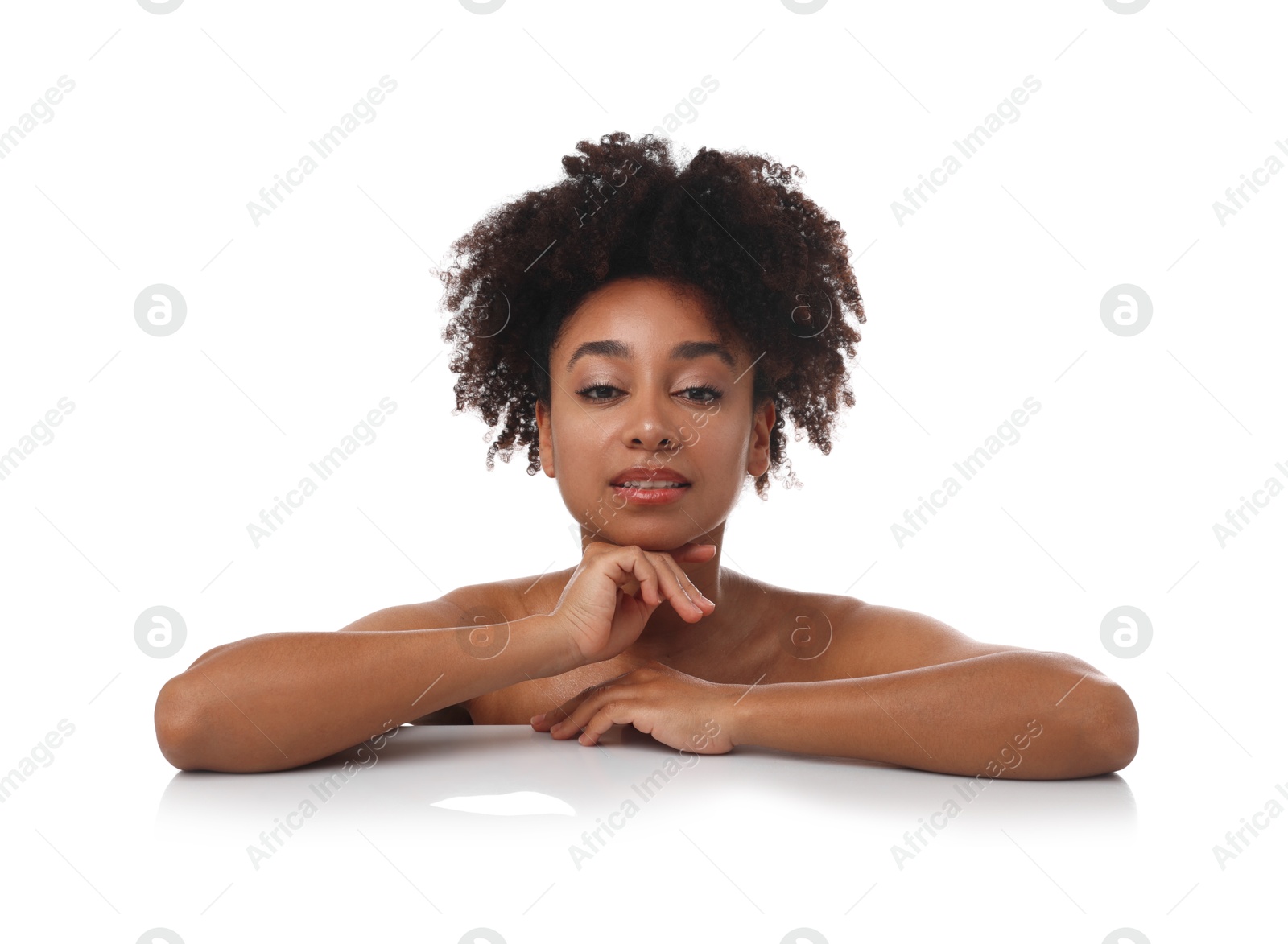 Photo of Portrait of beautiful Brazilian woman after spa treatment on white background