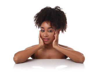 Photo of Portrait of beautiful Brazilian woman after spa treatment on white background