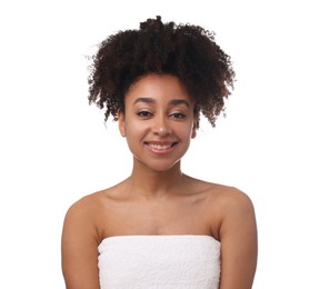 Photo of Portrait of beautiful Brazilian woman after spa treatment on white background