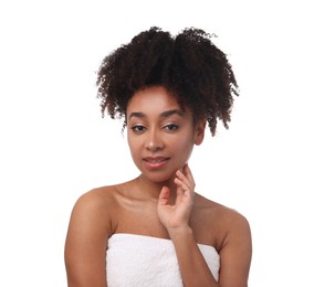 Photo of Portrait of beautiful Brazilian woman after spa treatment on white background
