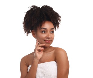 Photo of Portrait of beautiful Brazilian woman after spa treatment on white background