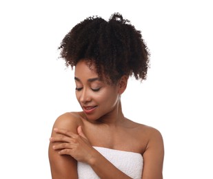 Photo of Portrait of beautiful Brazilian woman after spa treatment on white background