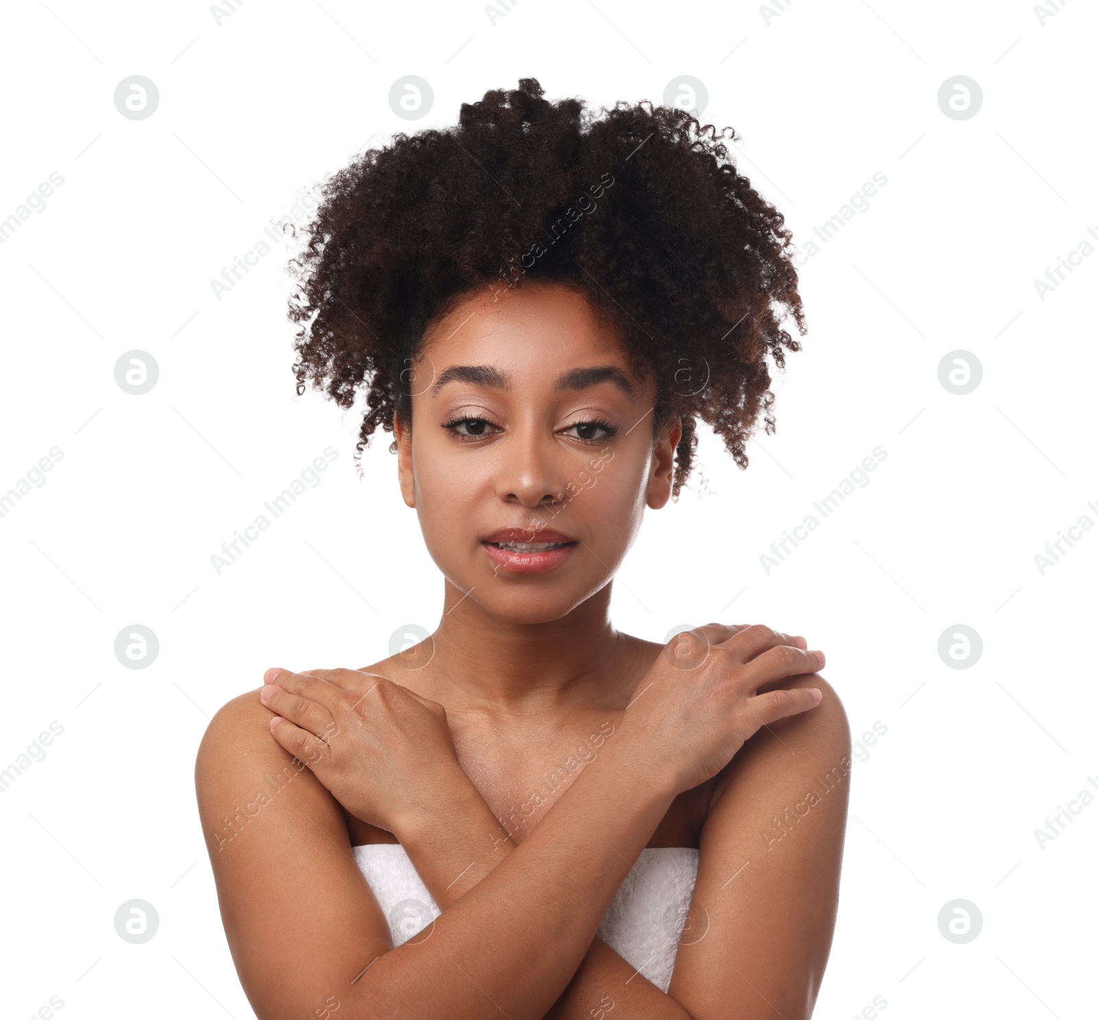 Photo of Portrait of beautiful Brazilian woman after spa treatment on white background