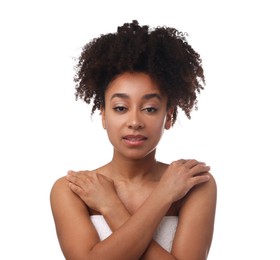 Photo of Portrait of beautiful Brazilian woman after spa treatment on white background