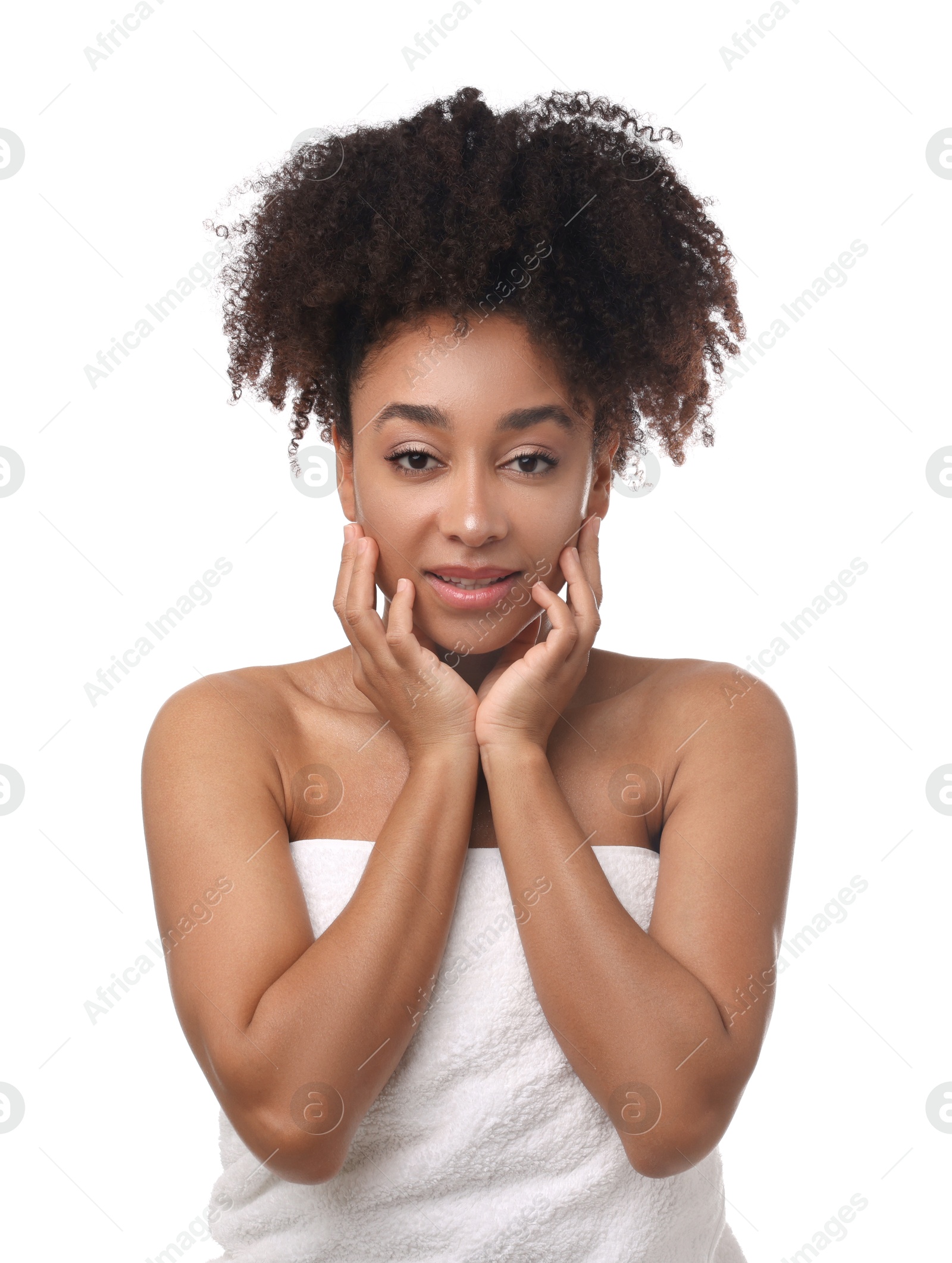 Photo of Portrait of beautiful Brazilian woman after spa treatment on white background