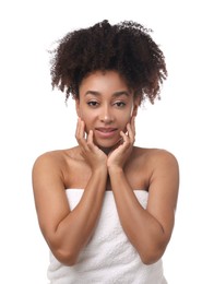Photo of Portrait of beautiful Brazilian woman after spa treatment on white background