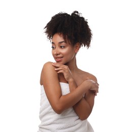 Photo of Portrait of beautiful Brazilian woman after spa treatment on white background
