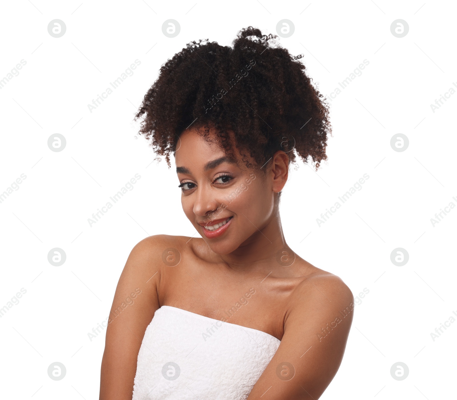 Photo of Portrait of beautiful Brazilian woman after spa treatment on white background