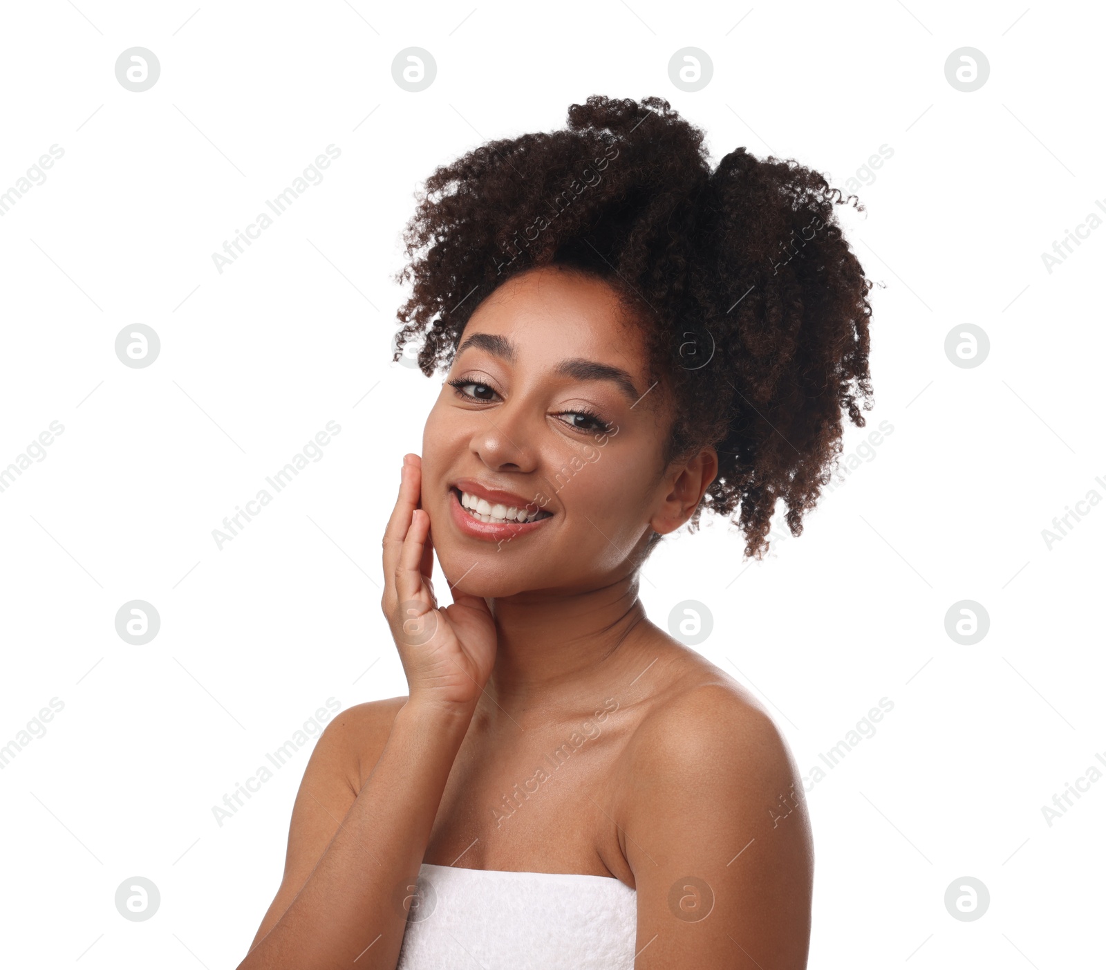 Photo of Portrait of beautiful Brazilian woman after spa treatment on white background