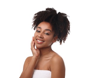 Photo of Portrait of beautiful Brazilian woman after spa treatment on white background