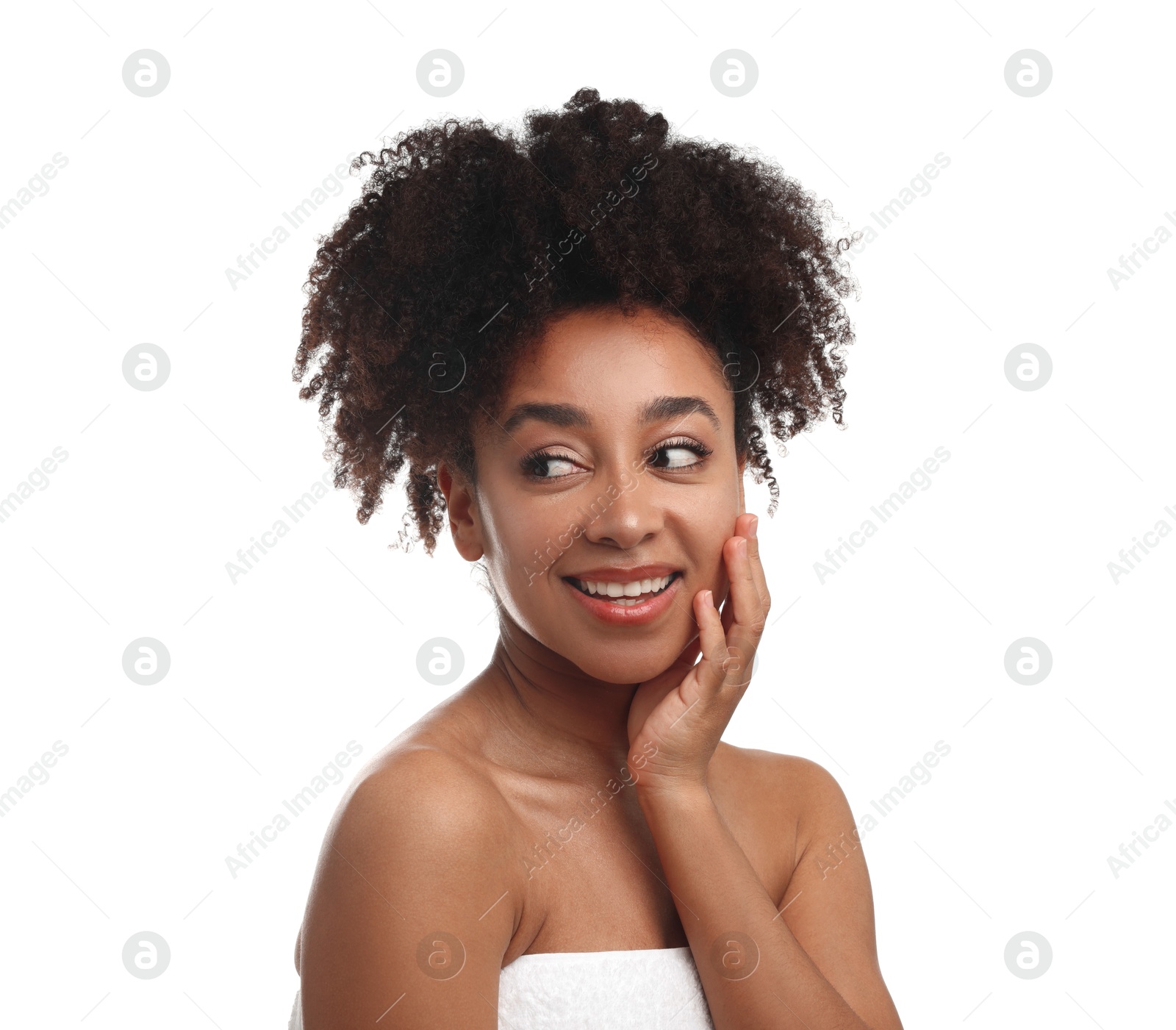 Portrait of beautiful Brazilian woman after spa treatment on white background Photo of Portrait of beautiful Brazilian woman after spa treatment on white background