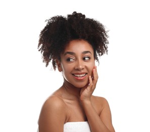 Photo of Portrait of beautiful Brazilian woman after spa treatment on white background