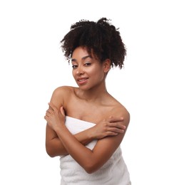 Photo of Portrait of beautiful Brazilian woman after spa treatment on white background