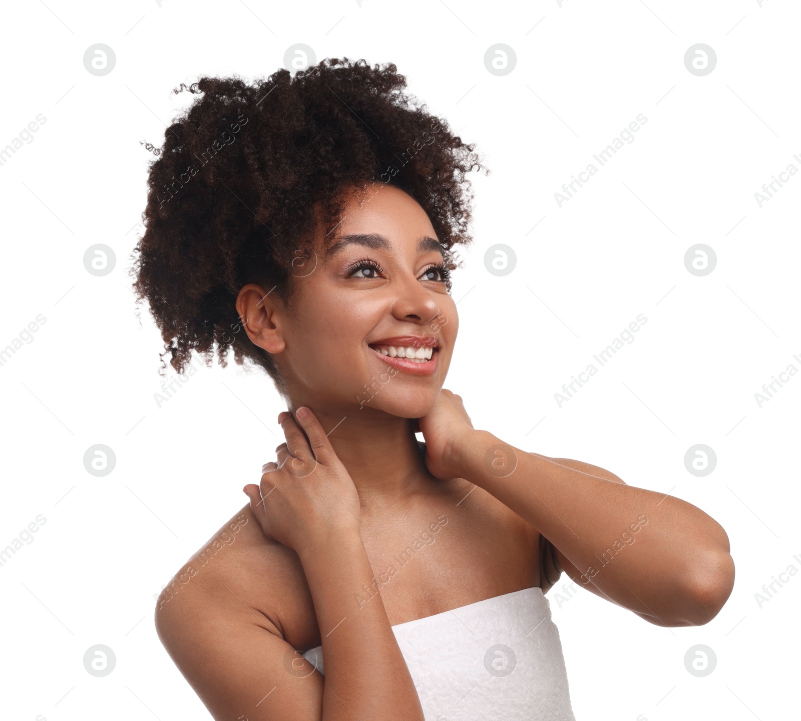 Portrait of beautiful Brazilian woman after spa treatment on white background Photo of Portrait of beautiful Brazilian woman after spa treatment on white background