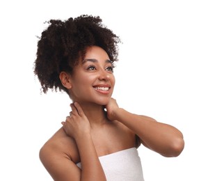 Photo of Portrait of beautiful Brazilian woman after spa treatment on white background