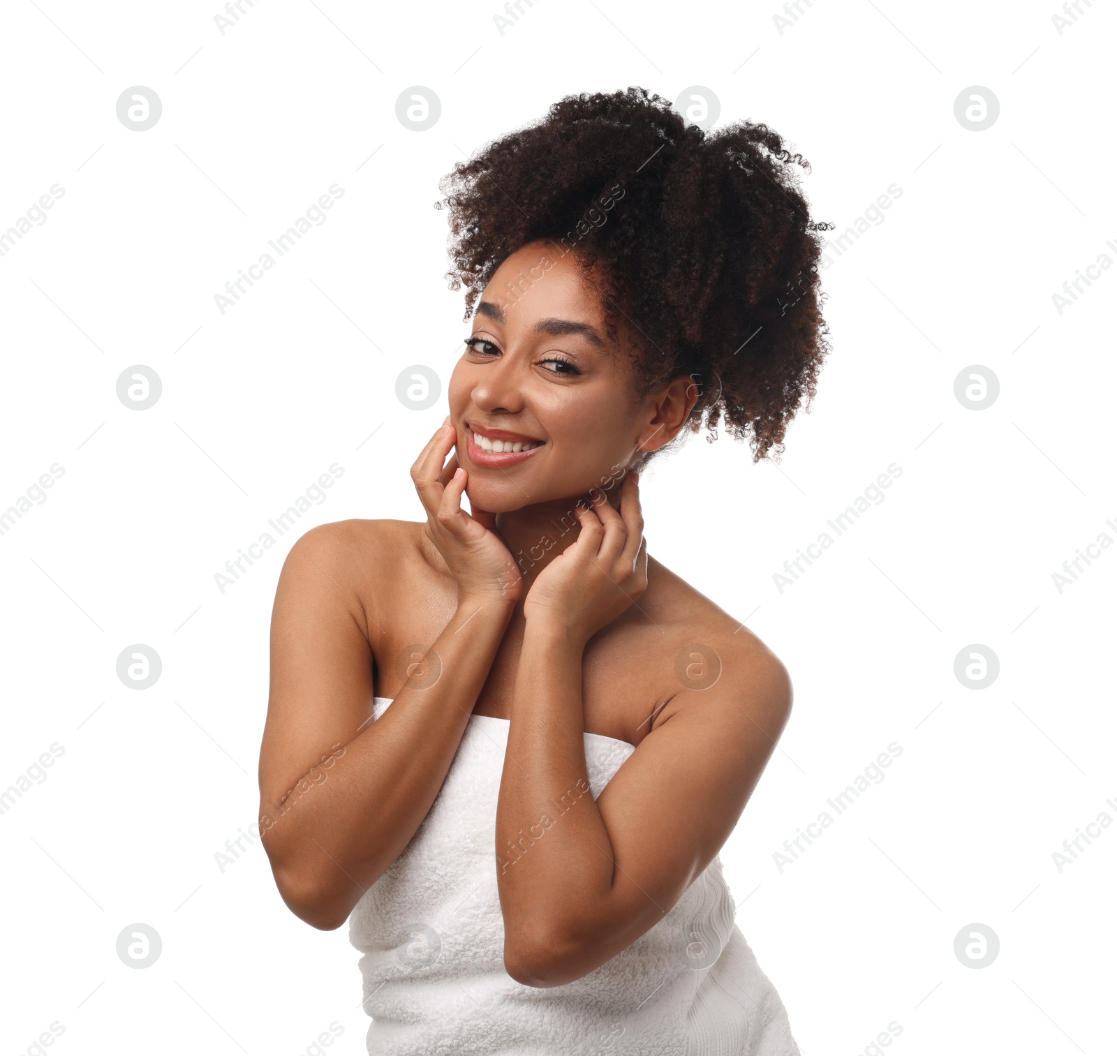 Portrait of beautiful Brazilian woman after spa treatment on white background Photo of Portrait of beautiful Brazilian woman after spa treatment on white background