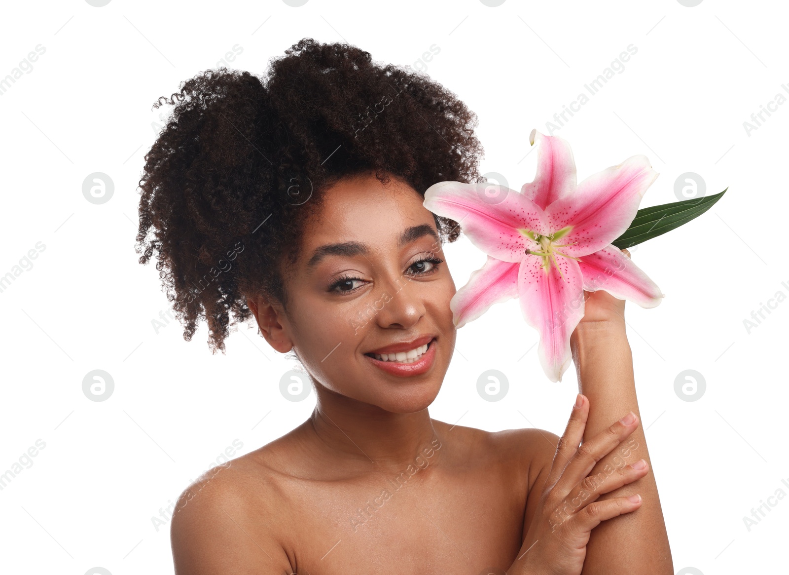 Portrait of beautiful Brazilian woman with lily flower after spa treatment on white background Photo of Portrait of beautiful Brazilian woman with lily flower after spa treatment on white background