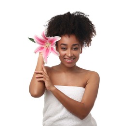 Photo of Portrait of beautiful Brazilian woman with lily flower after spa treatment on white background