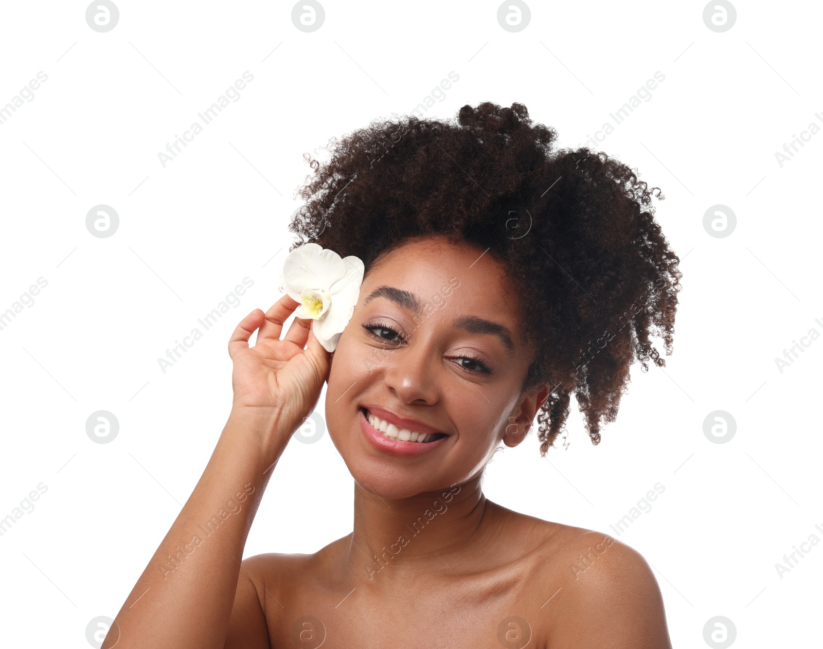 Photo of Portrait of beautiful Brazilian woman with orchid flower after spa treatment on white background