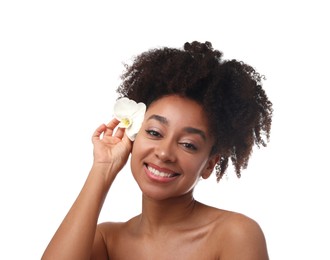 Photo of Portrait of beautiful Brazilian woman with orchid flower after spa treatment on white background
