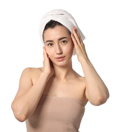 Photo of Portrait of beautiful woman after spa treatment on white background