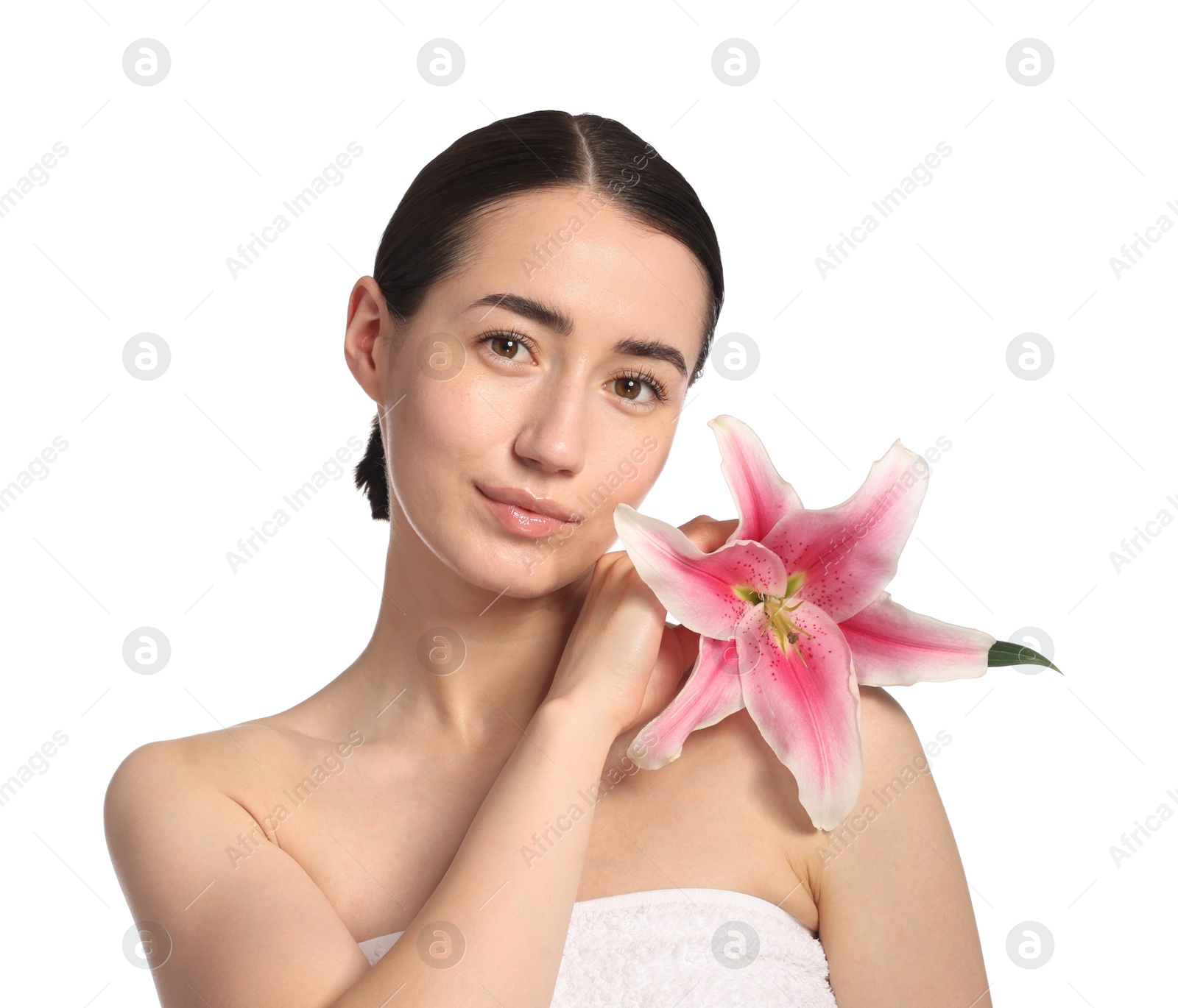 Portrait of beautiful woman with lily flower after spa treatment on white background Photo of Portrait of beautiful woman with lily flower after spa treatment on white background