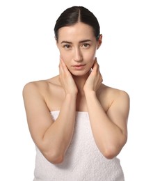Photo of Portrait of beautiful woman after spa treatment on white background